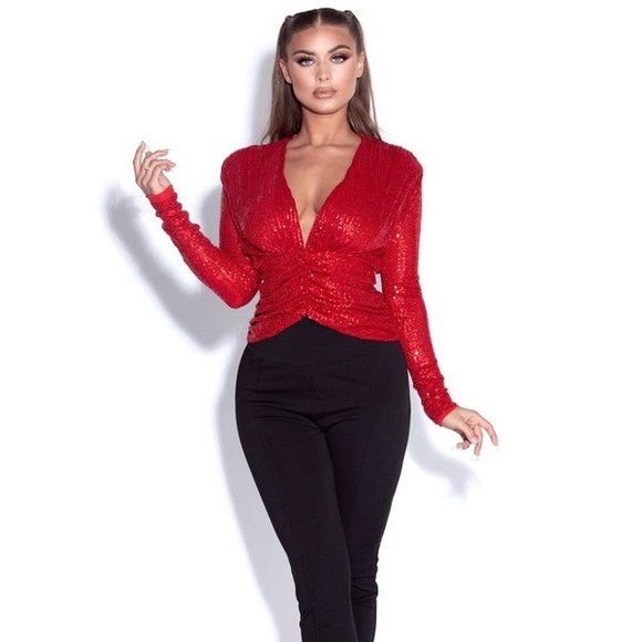 RED SEQUINED LONG SLEEVE TOP - Picture 5 of 6